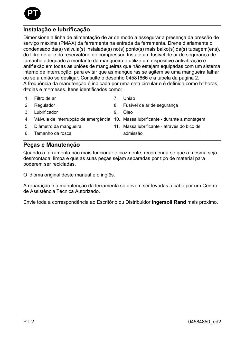 Instalação e lubrificação, Peças e manutenção | Ingersoll-Rand 295 User Manual | Page 24 / 52