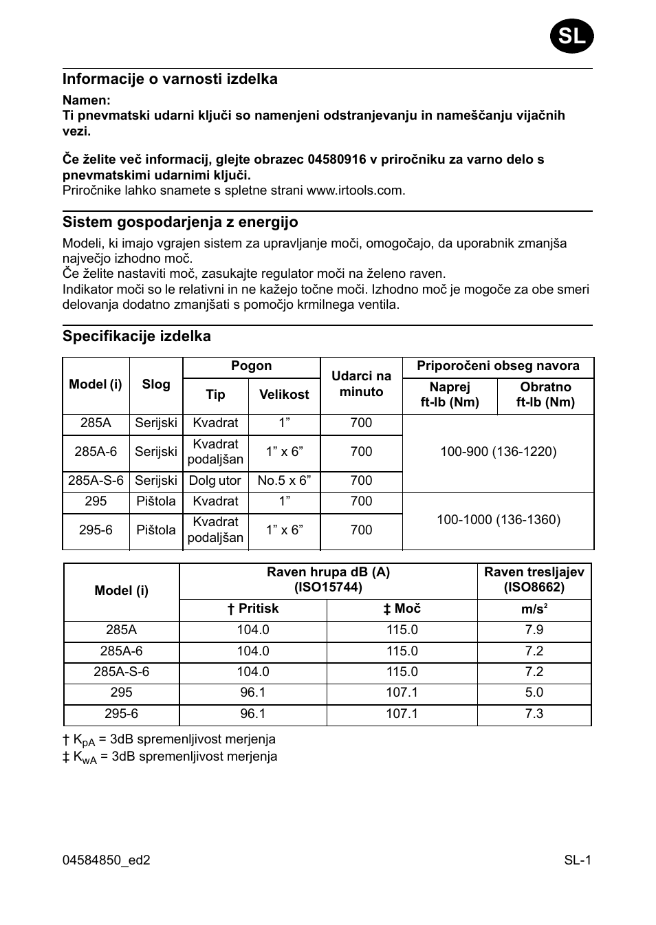 Informacije o varnosti izdelka, Sistem gospodarjenja z energijo, Specifikacije izdelka | Ingersoll-Rand 295 User Manual | Page 27 / 52