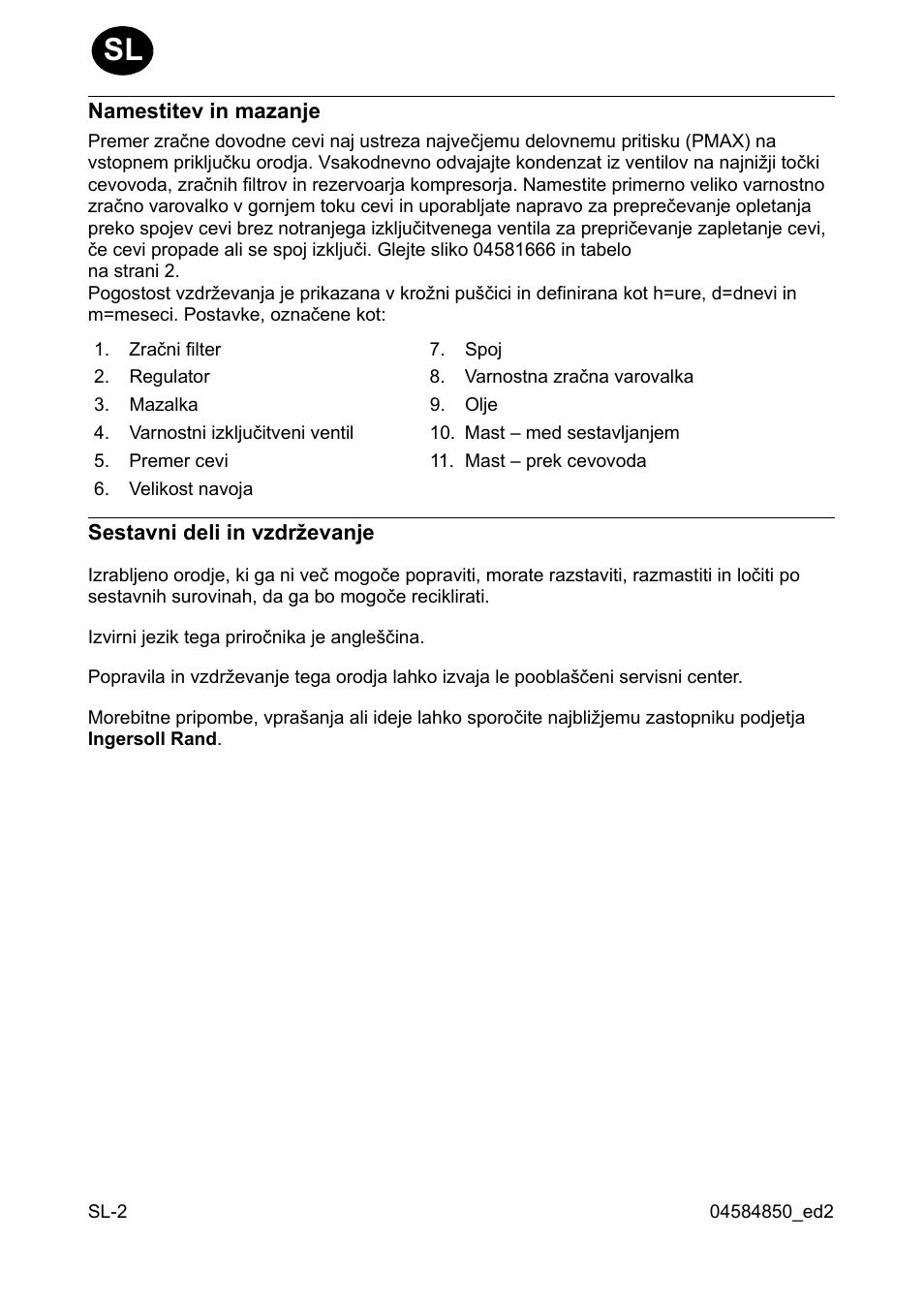 Namestitev in mazanje, Sestavni deli in vzdr˛evanje | Ingersoll-Rand 295 User Manual | Page 28 / 52