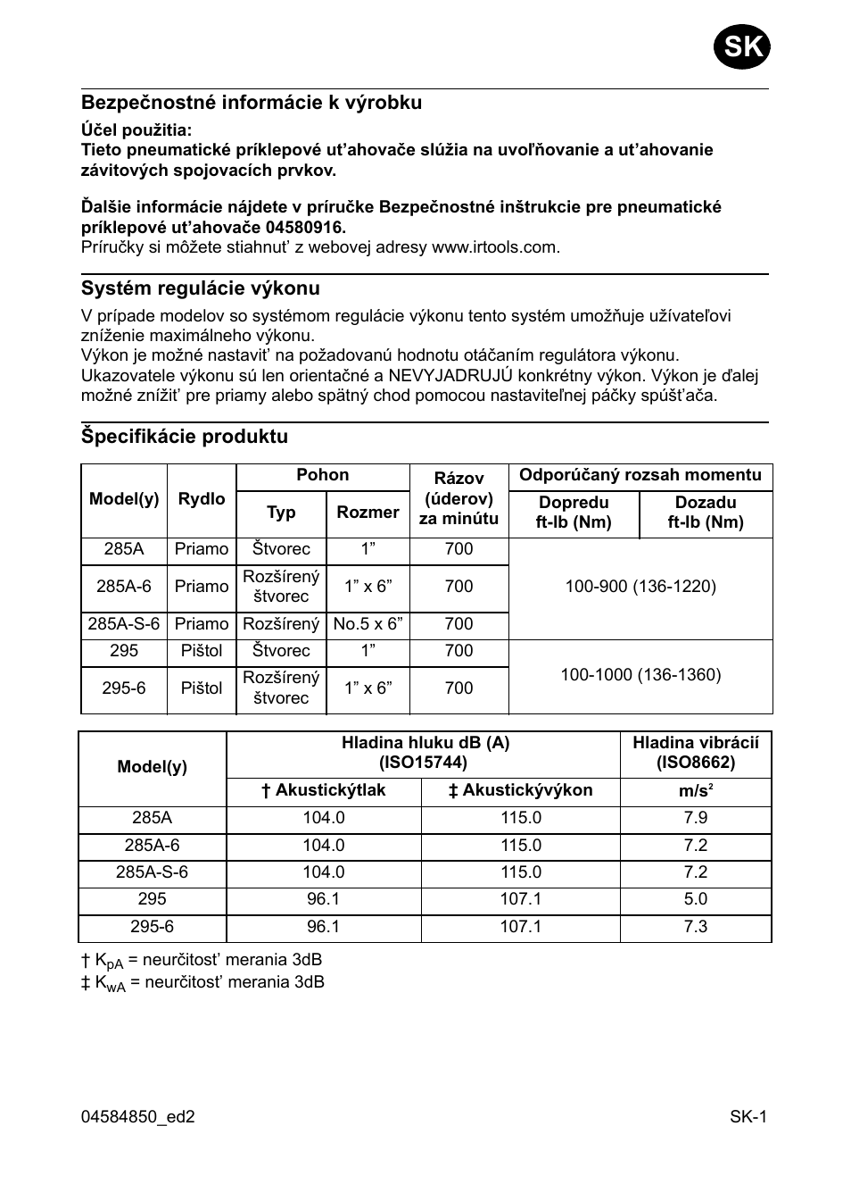 Bezpeènostné informácie k værobku, Systém regulácie vækonu, Pecifikácie produktu | Ingersoll-Rand 295 User Manual | Page 29 / 52