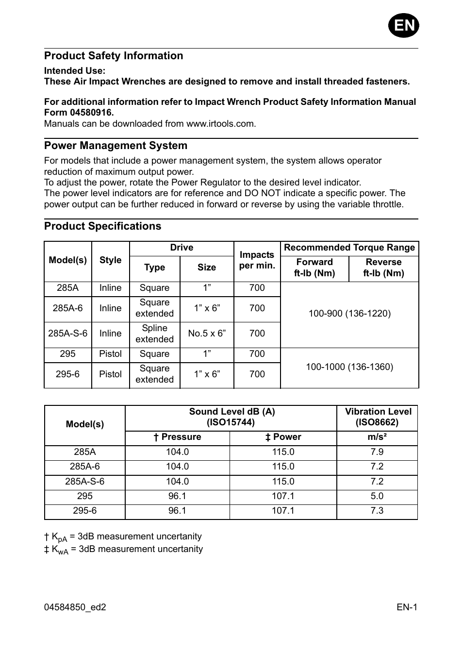 Product safety information, Power management system, Product specifications | Ingersoll-Rand 295 User Manual | Page 3 / 52