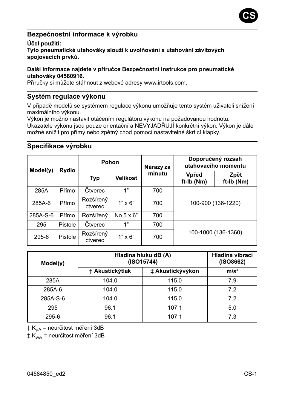 Bezpeènostní informace k værobku, Systém regulace vækonu, Specifikace værobku | Ingersoll-Rand 295 User Manual | Page 31 / 52