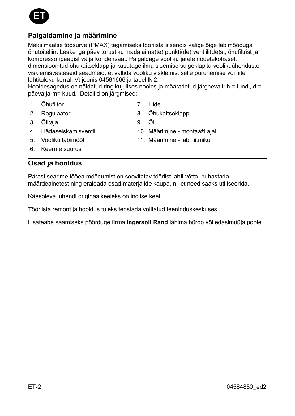 Paigaldamine ja määrimine, Osad ja hooldus | Ingersoll-Rand 295 User Manual | Page 34 / 52