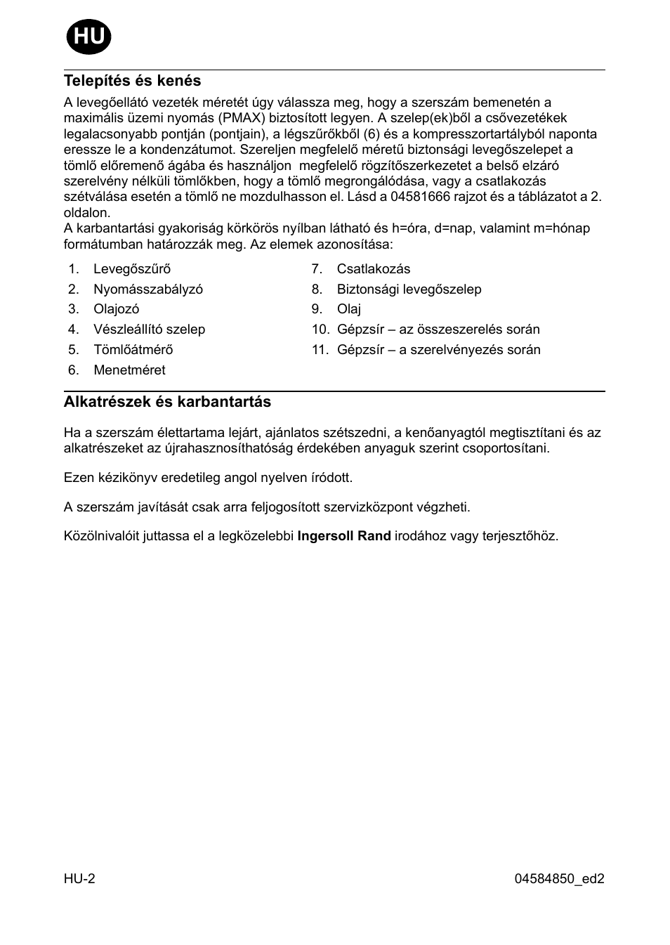 Telepítés és kenés, Alkatrészek és karbantartás | Ingersoll-Rand 295 User Manual | Page 36 / 52