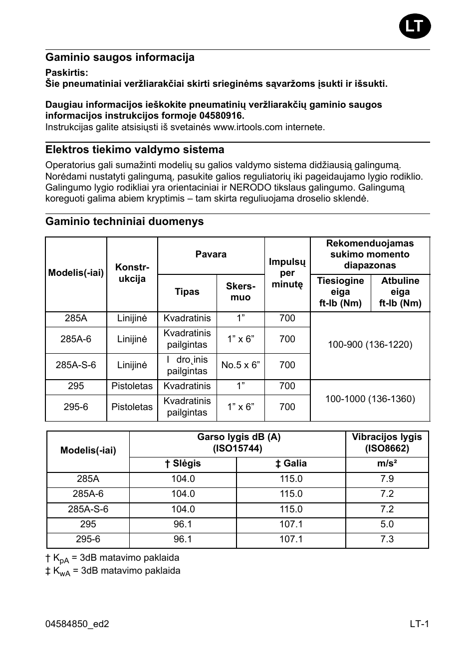 Gaminio saugos informacija, Elektros tiekimo valdymo sistema, Gaminio techniniai duomenys | Ingersoll-Rand 295 User Manual | Page 37 / 52
