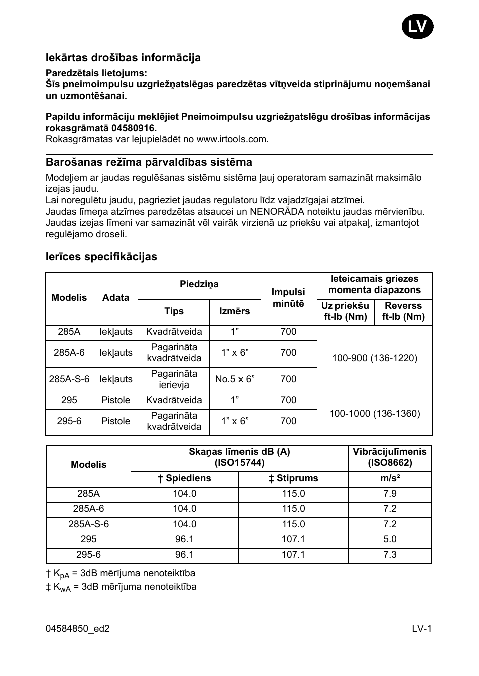 Iekârtas dro²îbas informâcija, Baro²anas re îma pârvaldîbas sistçma, Ierîces specifikâcijas | Ingersoll-Rand 295 User Manual | Page 39 / 52