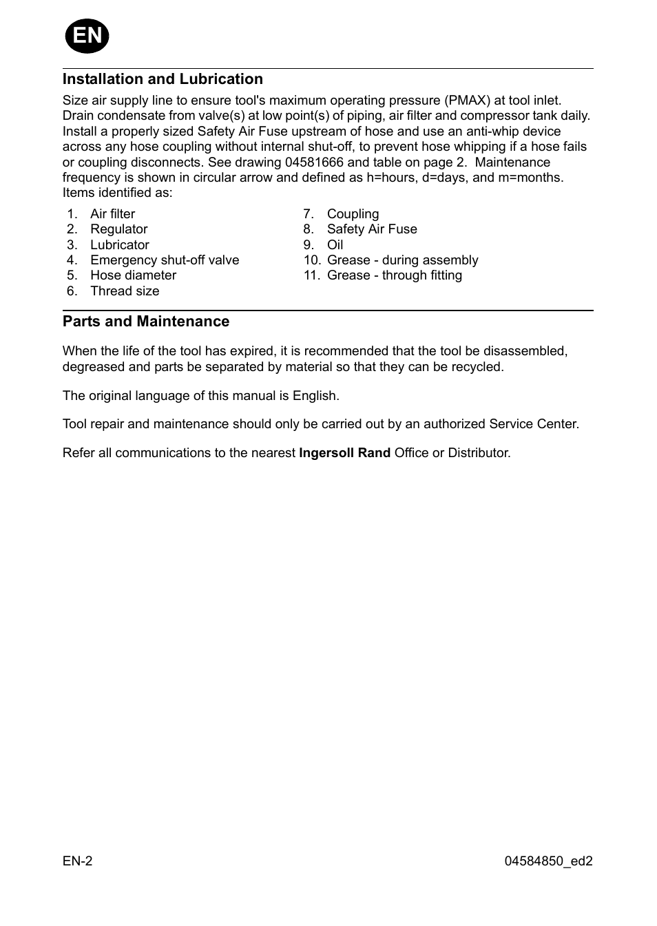 Installation and lubrication, Parts and maintenance | Ingersoll-Rand 295 User Manual | Page 4 / 52