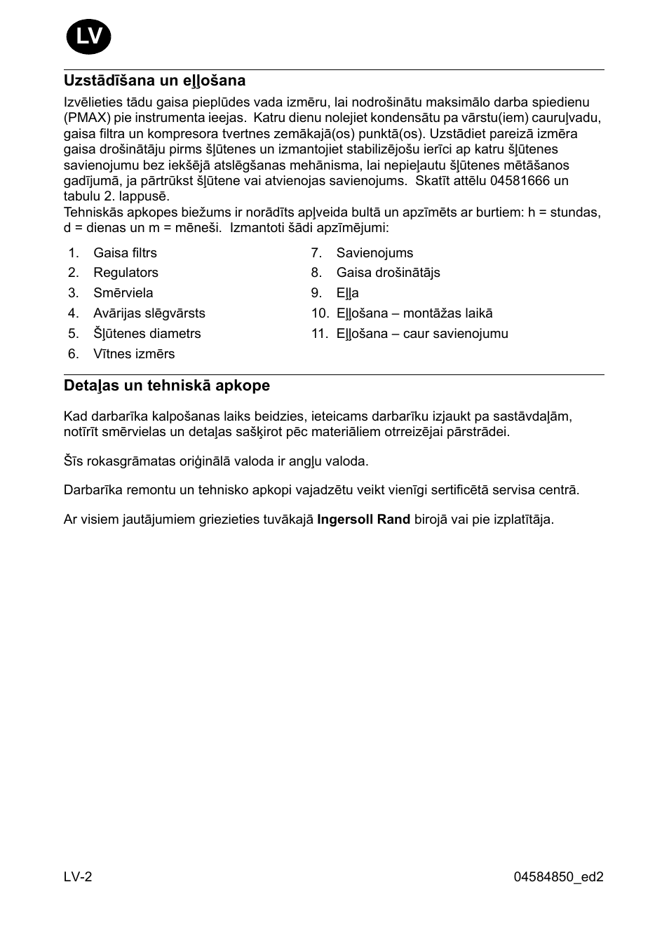 Uzstâdî²ana un eïïo²ana, Detaïas un tehniskâ apkope | Ingersoll-Rand 295 User Manual | Page 40 / 52