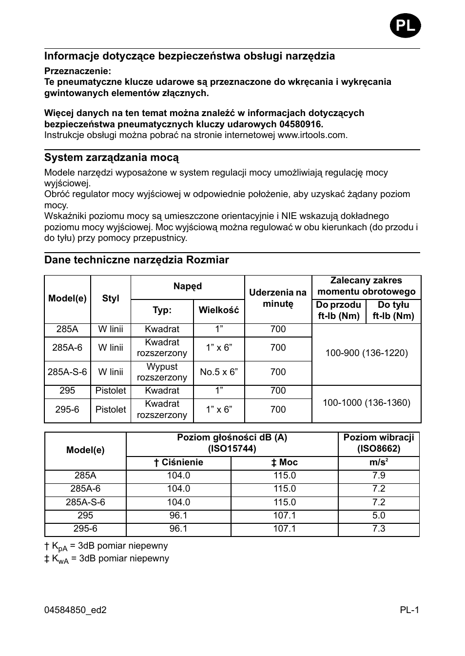 System zarz¶dzania moc, Dane techniczne narzêdzia rozmiar | Ingersoll-Rand 295 User Manual | Page 41 / 52