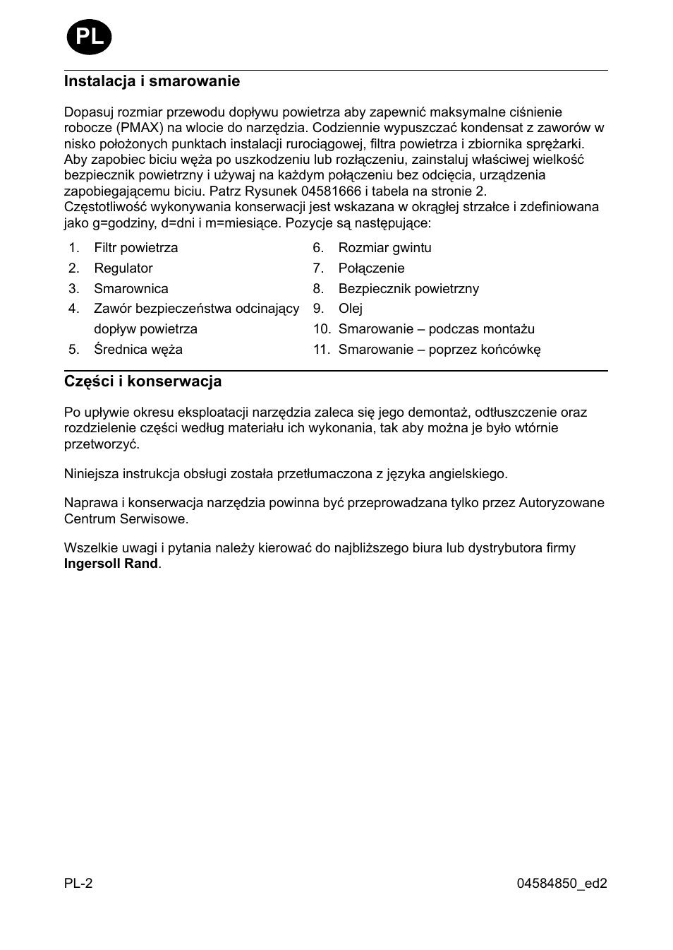 Instalacja i smarowanie, Czêœci i konserwacja | Ingersoll-Rand 295 User Manual | Page 42 / 52