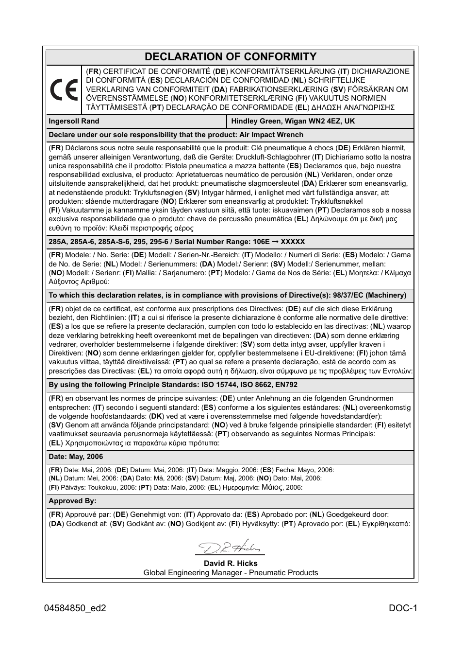 Declaration of conformity | Ingersoll-Rand 295 User Manual | Page 47 / 52