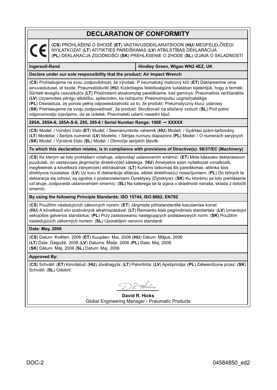 Declaration of conformity | Ingersoll-Rand 295 User Manual | Page 48 / 52