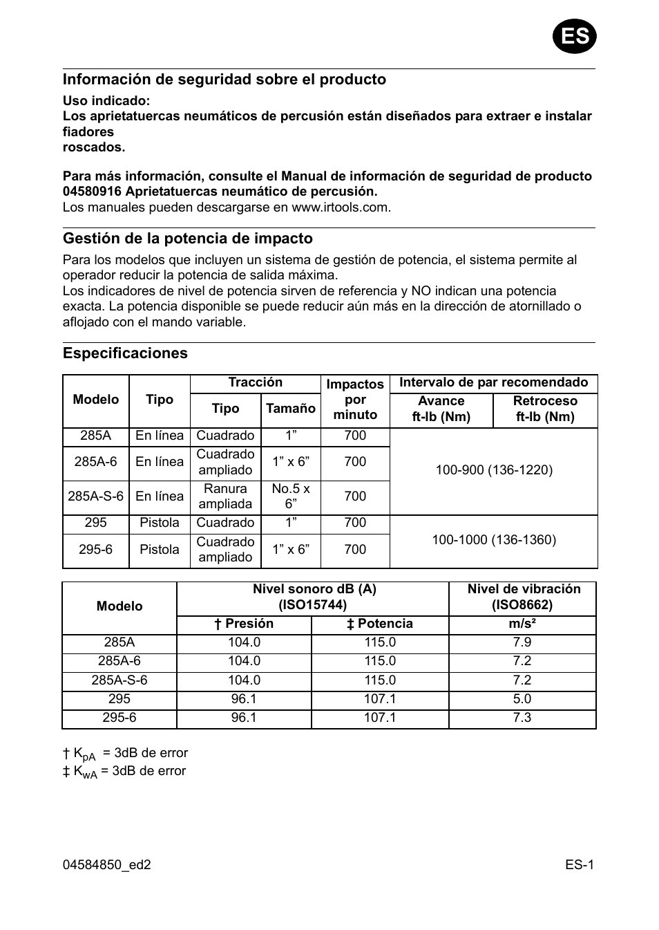 Información de seguridad sobre el producto, Gestión de la potencia de impacto, Especificaciones | Ingersoll-Rand 295 User Manual | Page 5 / 52
