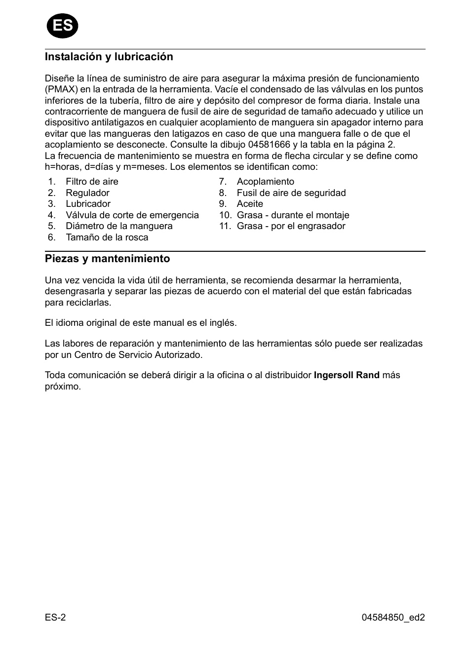 Instalación y lubricación, Piezas y mantenimiento | Ingersoll-Rand 295 User Manual | Page 6 / 52
