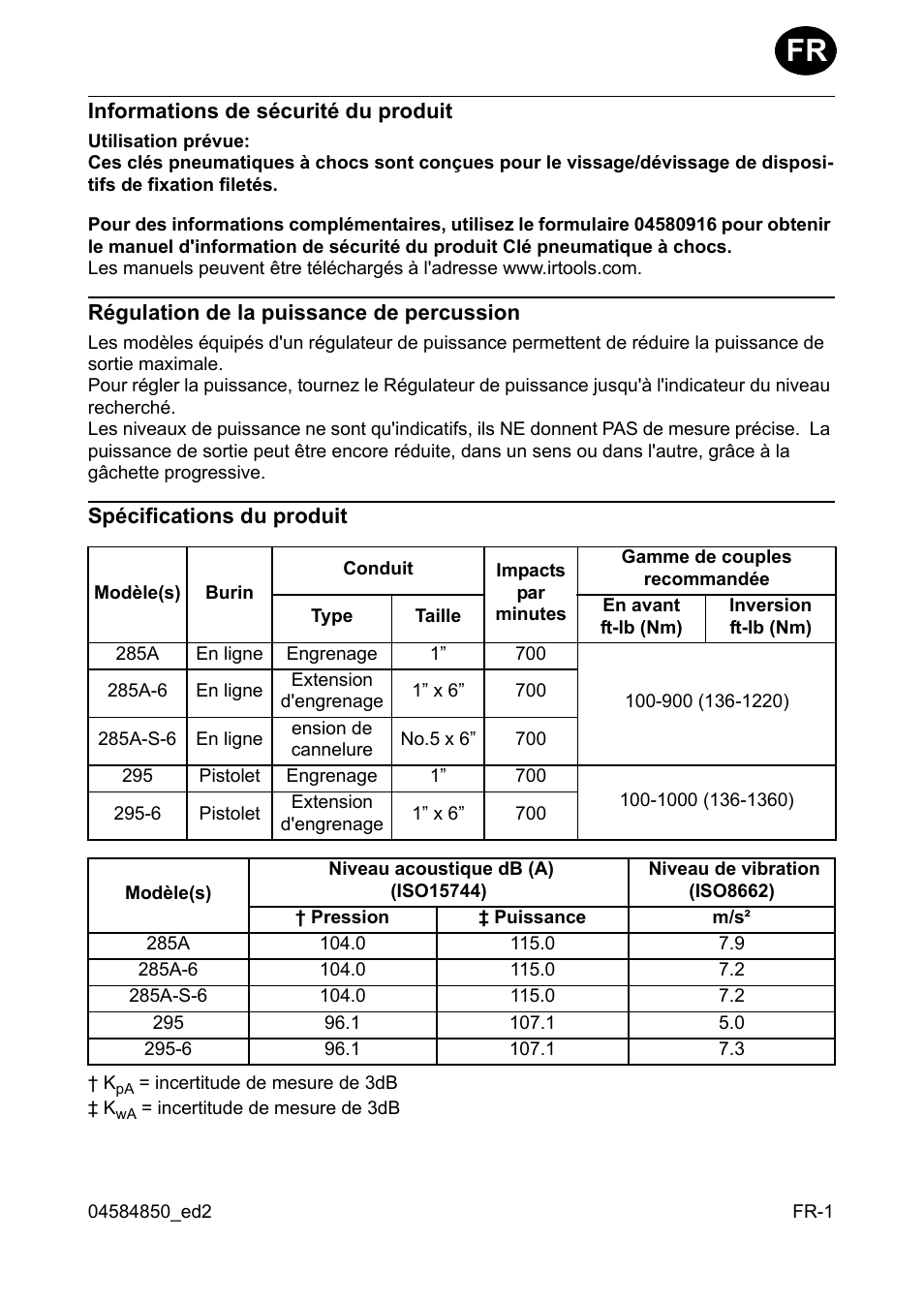 Informations de sécurité du produit, Régulation de la puissance de percussion, Spécifications du produit | Ingersoll-Rand 295 User Manual | Page 7 / 52