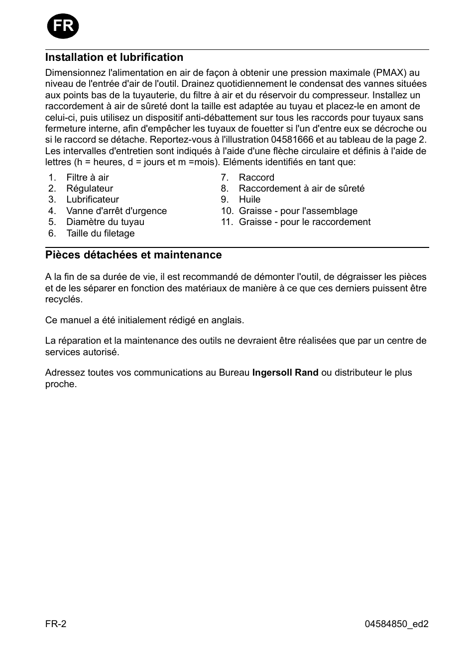 Installation et lubrification, Pièces détachées et maintenance | Ingersoll-Rand 295 User Manual | Page 8 / 52