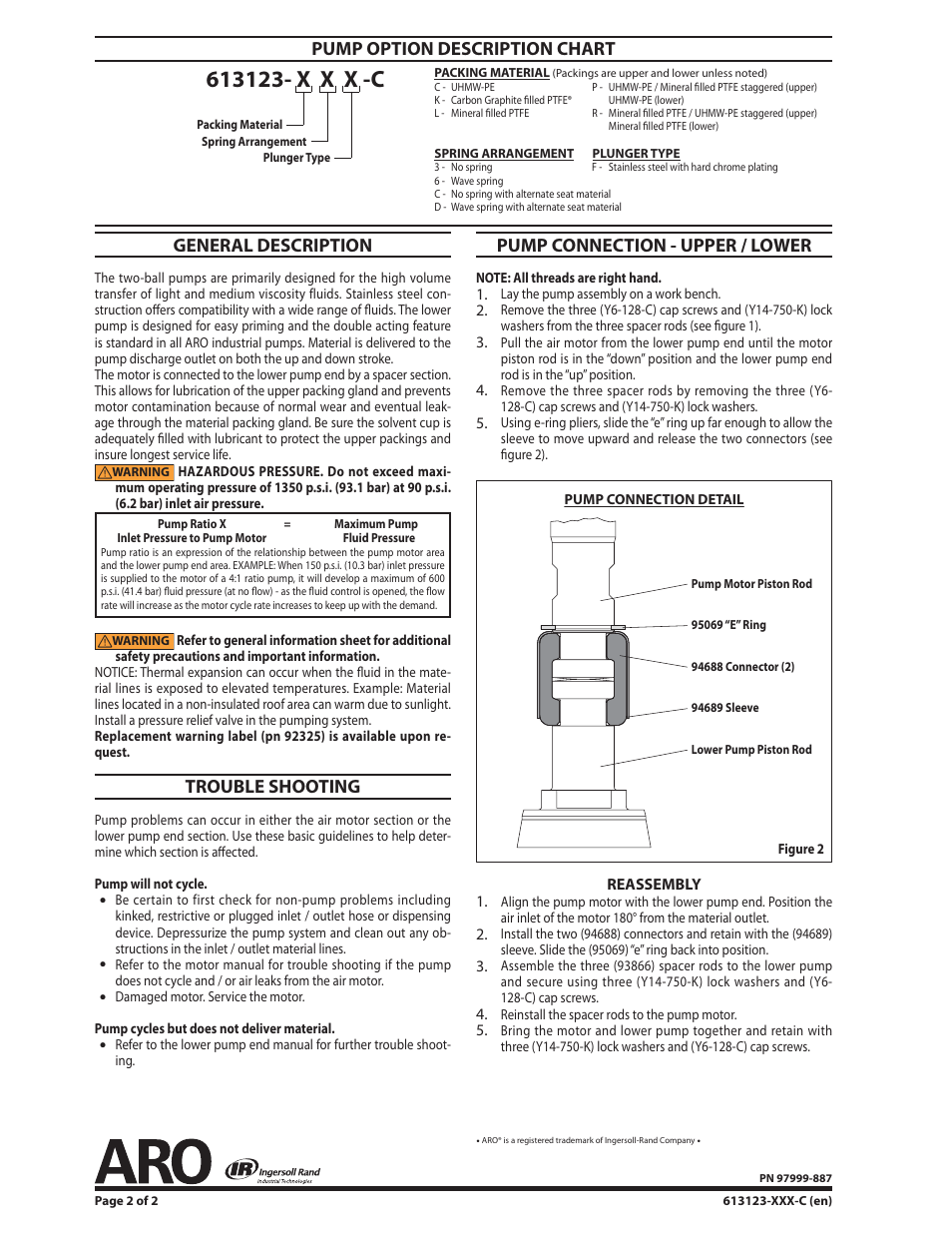 General description, Trouble shooting, Pump connection - upper / lower | Pump option description chart | Ingersoll-Rand 613123-XXX-C User Manual | Page 2 / 2