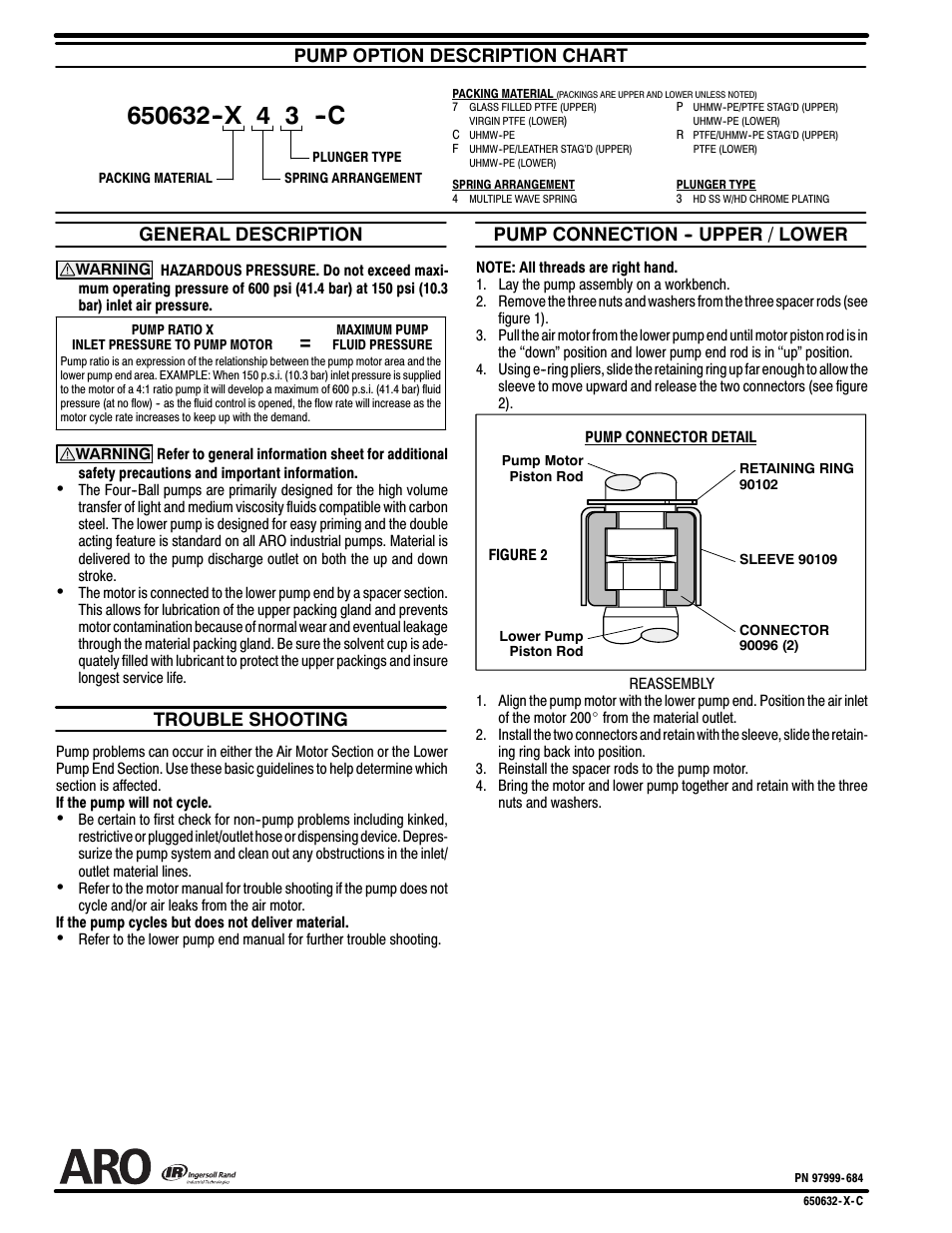 4 3 --c, Pump option description chart, General description | Trouble shooting, Pump connection -- upper / lower | Ingersoll-Rand 650632-X-C User Manual | Page 2 / 2