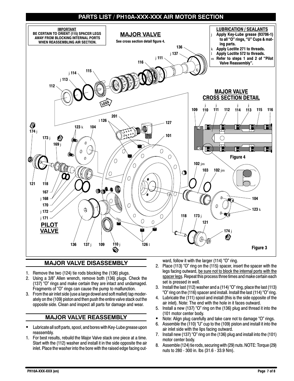 Major valve, Major valve disassembly, Major valve reassembly s | Ingersoll-Rand ARO PH10A-X-X User Manual | Page 7 / 8