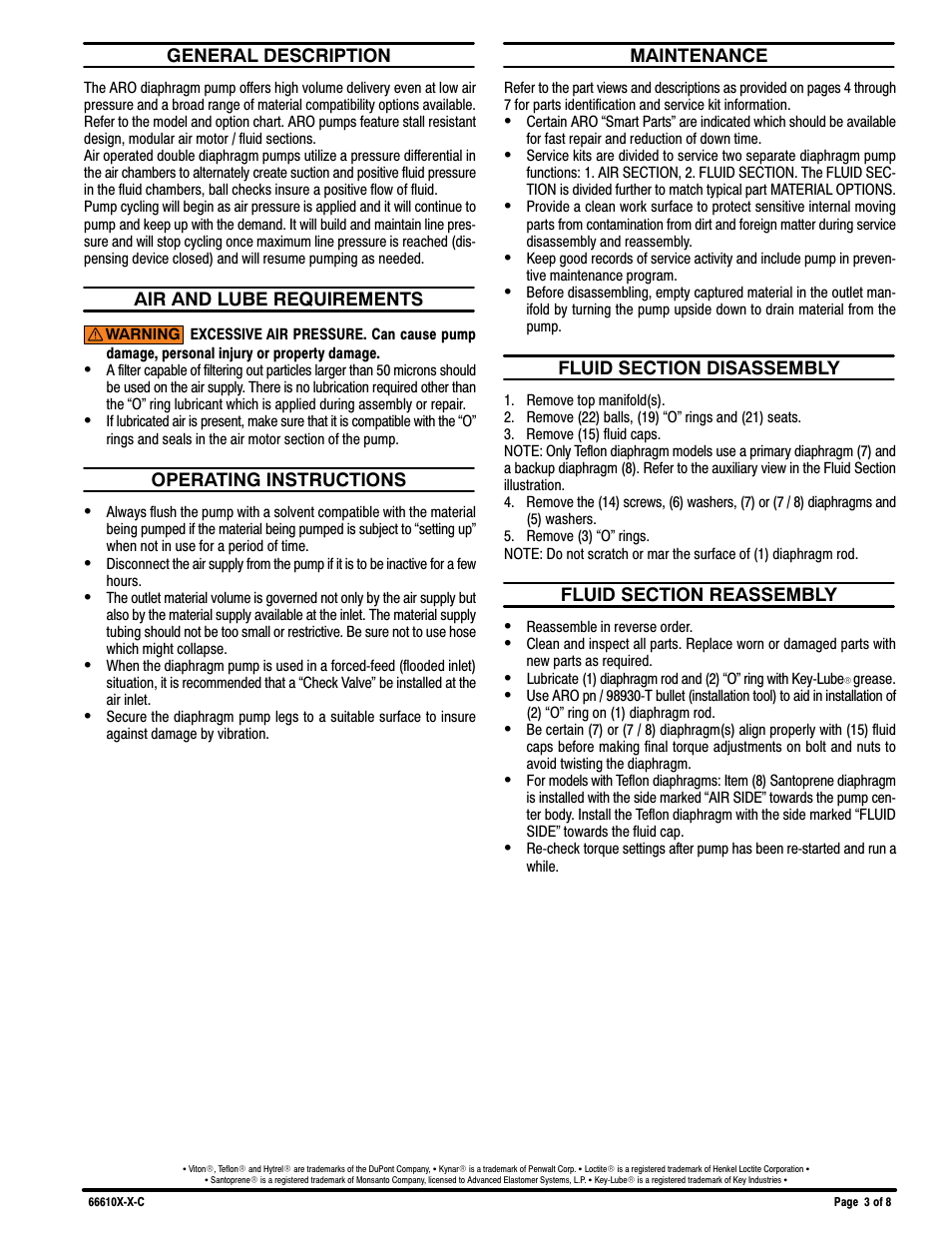 General description, Air and lube requirements, Operating instructions | Maintenance, Fluid section disassembly, Fluid section reassembly | Ingersoll-Rand Diaphragm Pump 66610X-X-C User Manual | Page 3 / 8