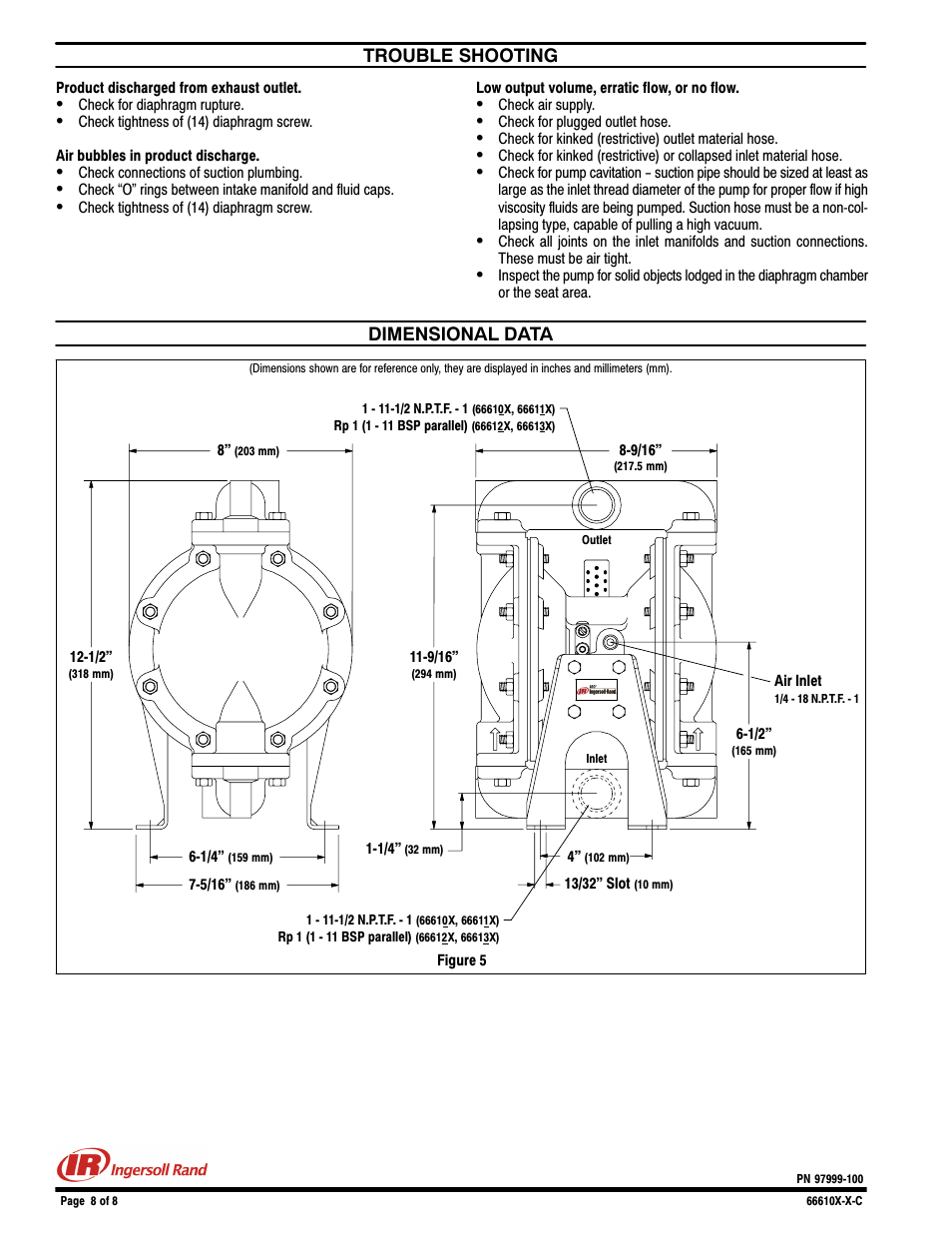 Trouble shooting, Dimensional data | Ingersoll-Rand Diaphragm Pump 66610X-X-C User Manual | Page 8 / 8