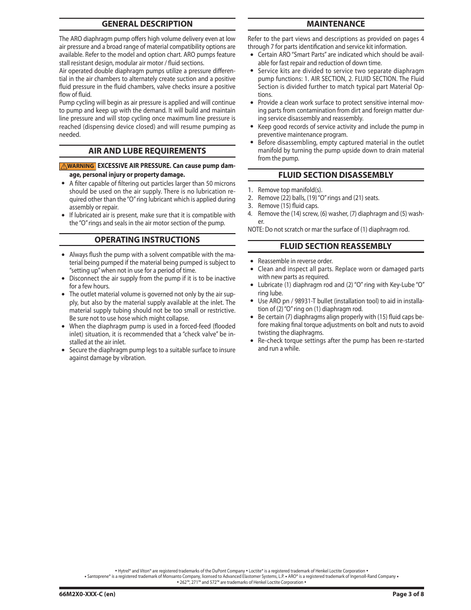 General description, Air and lube requirements, Operating instructions | Maintenance, Fluid section disassembly, Fluid section reassembly | Ingersoll-Rand 66M2X0-XXX-C User Manual | Page 3 / 8