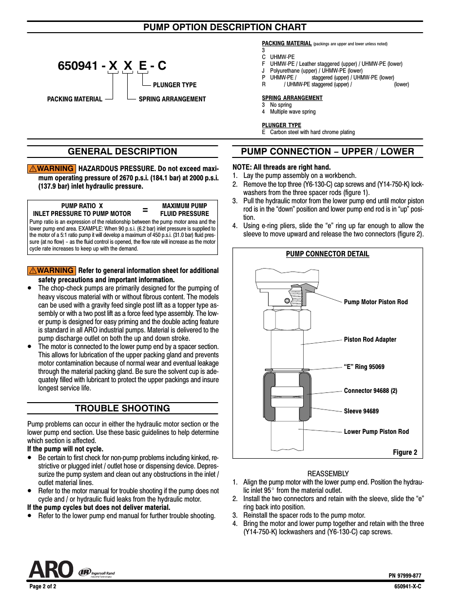 Pump option description chart, General description, Trouble shooting | Pump connection - upper / lower | Ingersoll-Rand CHOP-CHECK 650941-X-C User Manual | Page 2 / 2