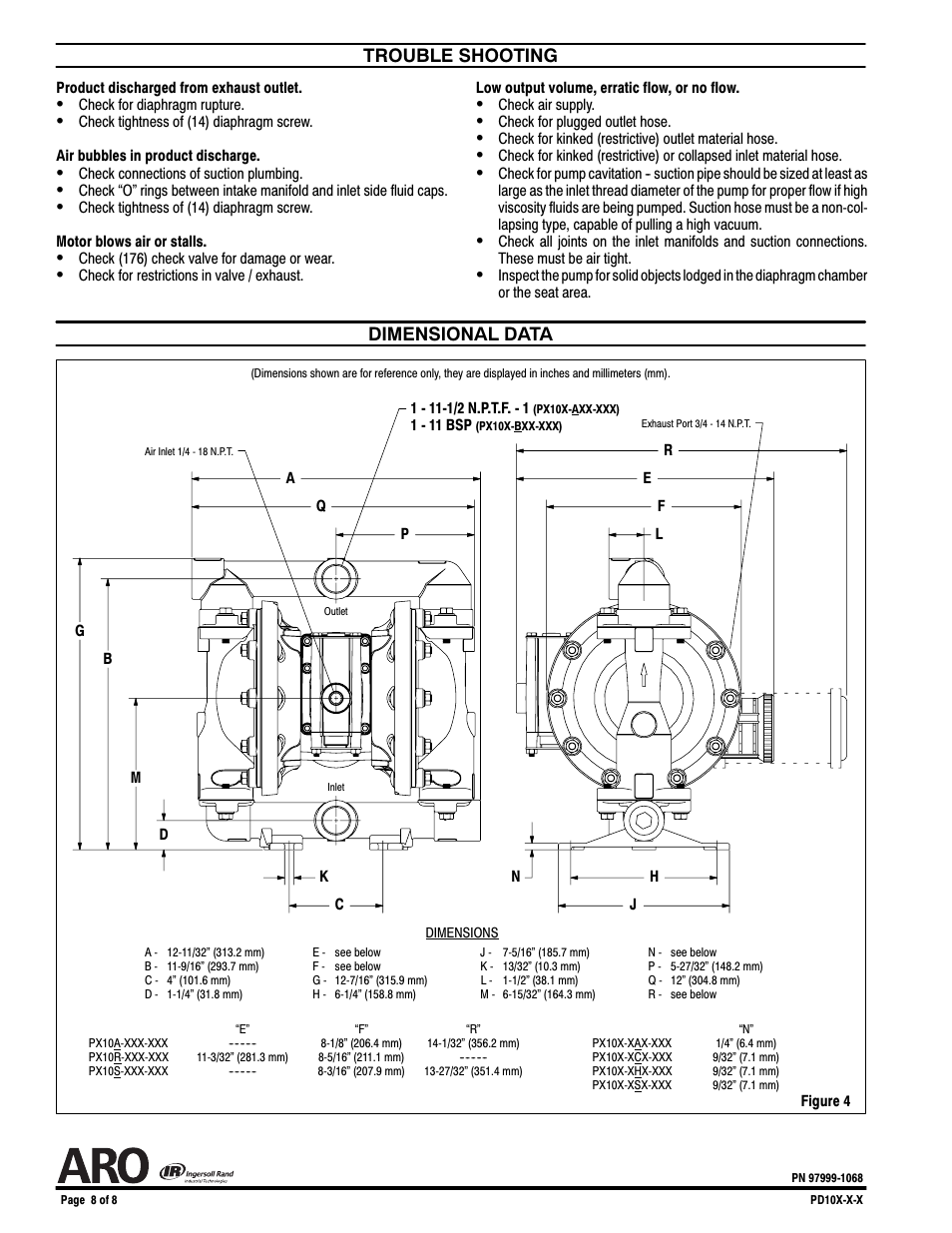 Trouble shooting, Dimensional data | Ingersoll-Rand PD10X-X-X User Manual | Page 8 / 8