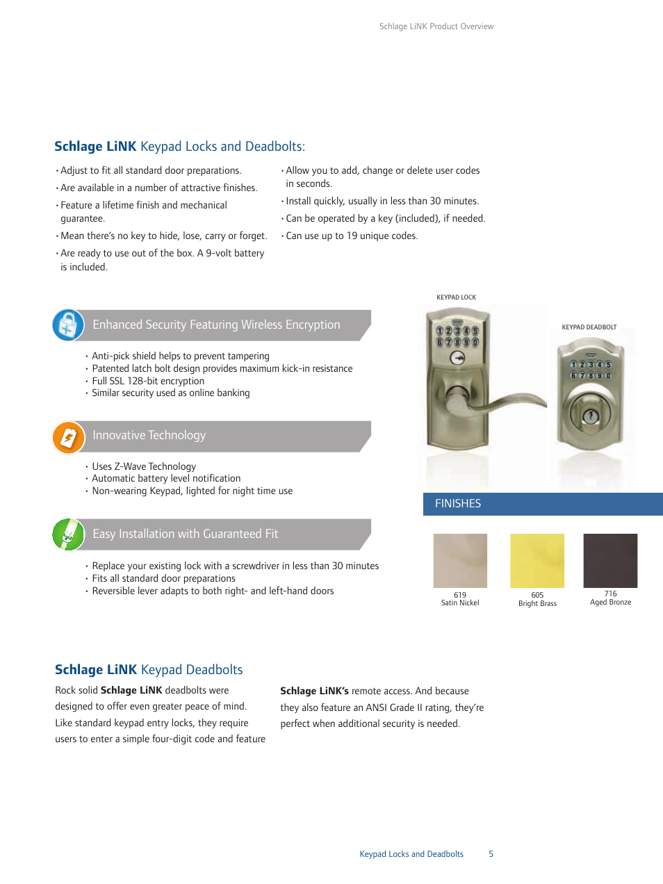 Schlage link keypad deadbolts, Schlage link keypad locks and deadbolts, Innovative technology | Ingersoll-Rand Schlage 1-877-288-7707 User Manual | Page 7 / 12