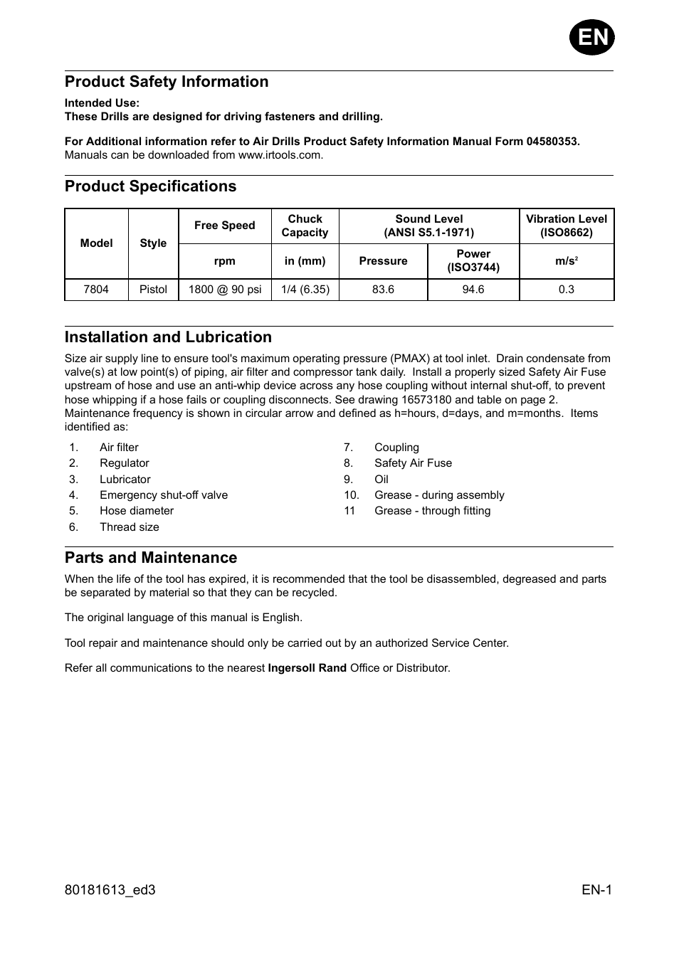 Product safety information, Product specifications, Installation and lubrication | Parts and maintenance | Ingersoll-Rand 7804 User Manual | Page 3 / 28