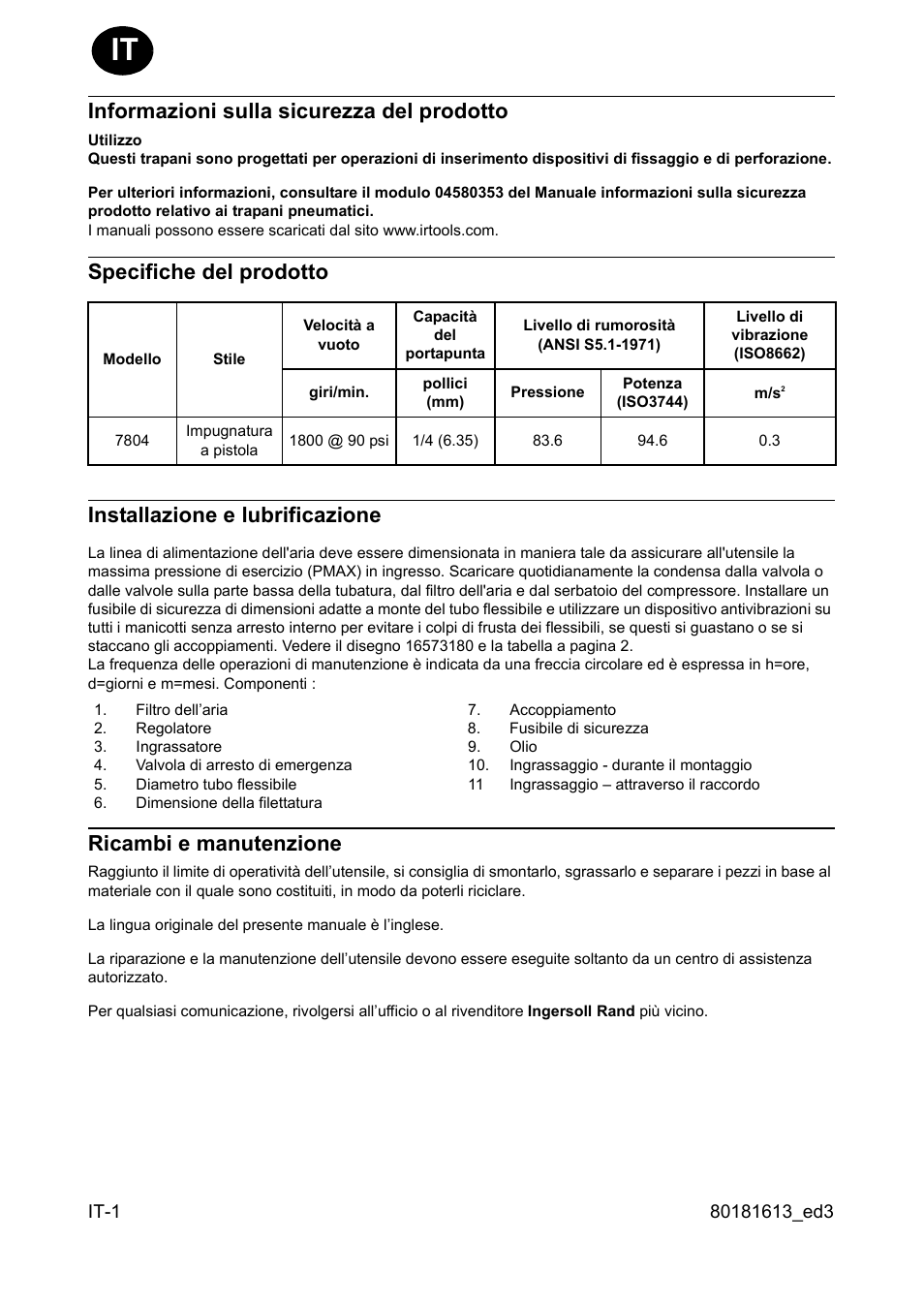 Informazioni sulla sicurezza del prodotto, Specifiche del prodotto, Installazione e lubrificazione | Ricambi e manutenzione | Ingersoll-Rand 7804 User Manual | Page 6 / 28