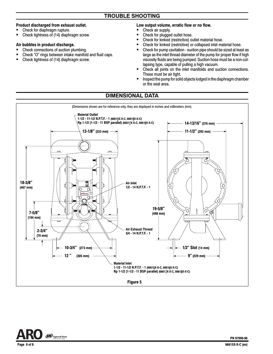 Trouble shooting, Dimensional data | Ingersoll-Rand 66615X-X-C User Manual | Page 8 / 8