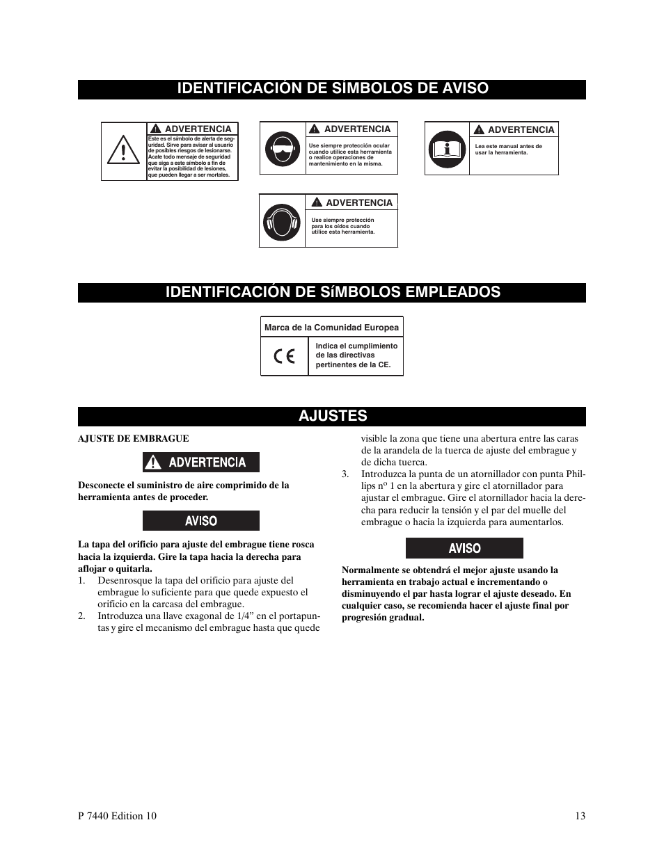 Identificación de símbolos de aviso, Identificación de símbolos empleados, Ajustes | Ingersoll-Rand LEVER IN-LINE AIR SCREWDRIVER QS1T User Manual | Page 13 / 40
