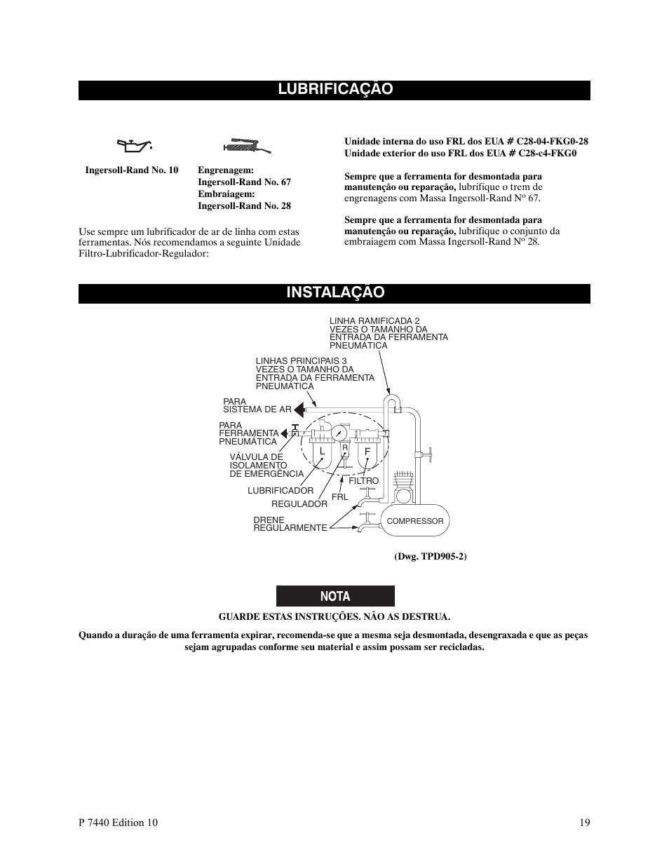 Lubrificação, Instalação, Guarde estas instruções. não as destrua | Ingersoll-Rand LEVER IN-LINE AIR SCREWDRIVER QS1T User Manual | Page 19 / 40