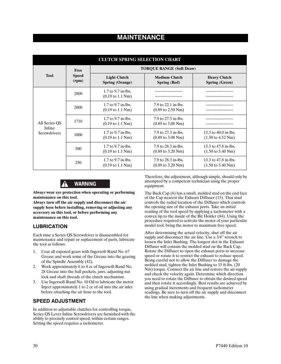 Maintenance, Lubrication, Speed adjustment | Ingersoll-Rand LEVER IN-LINE AIR SCREWDRIVER QS1T User Manual | Page 30 / 40