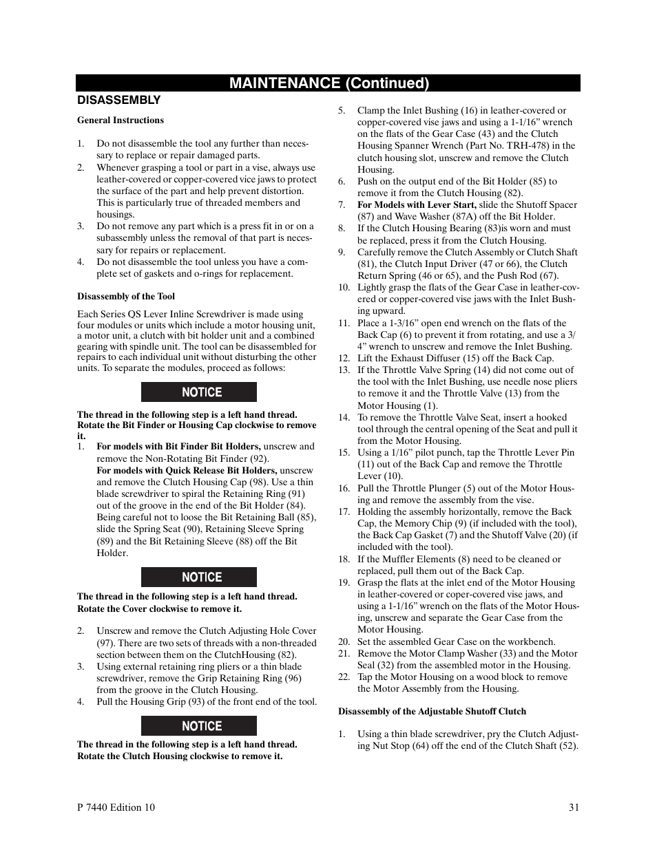 Disassembly, Lift the exhaust diffuser (15) off the back cap, Set the assembled gear case on the workbench | Maintenance (continued) | Ingersoll-Rand LEVER IN-LINE AIR SCREWDRIVER QS1T User Manual | Page 31 / 40