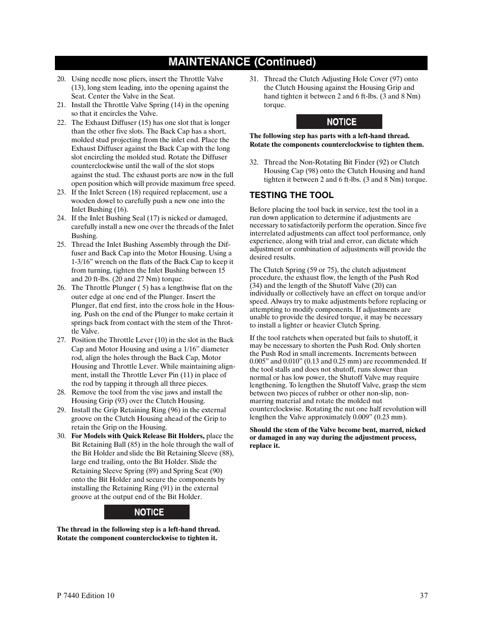 Testing the tool, Maintenance (continued) | Ingersoll-Rand LEVER IN-LINE AIR SCREWDRIVER QS1T User Manual | Page 37 / 40