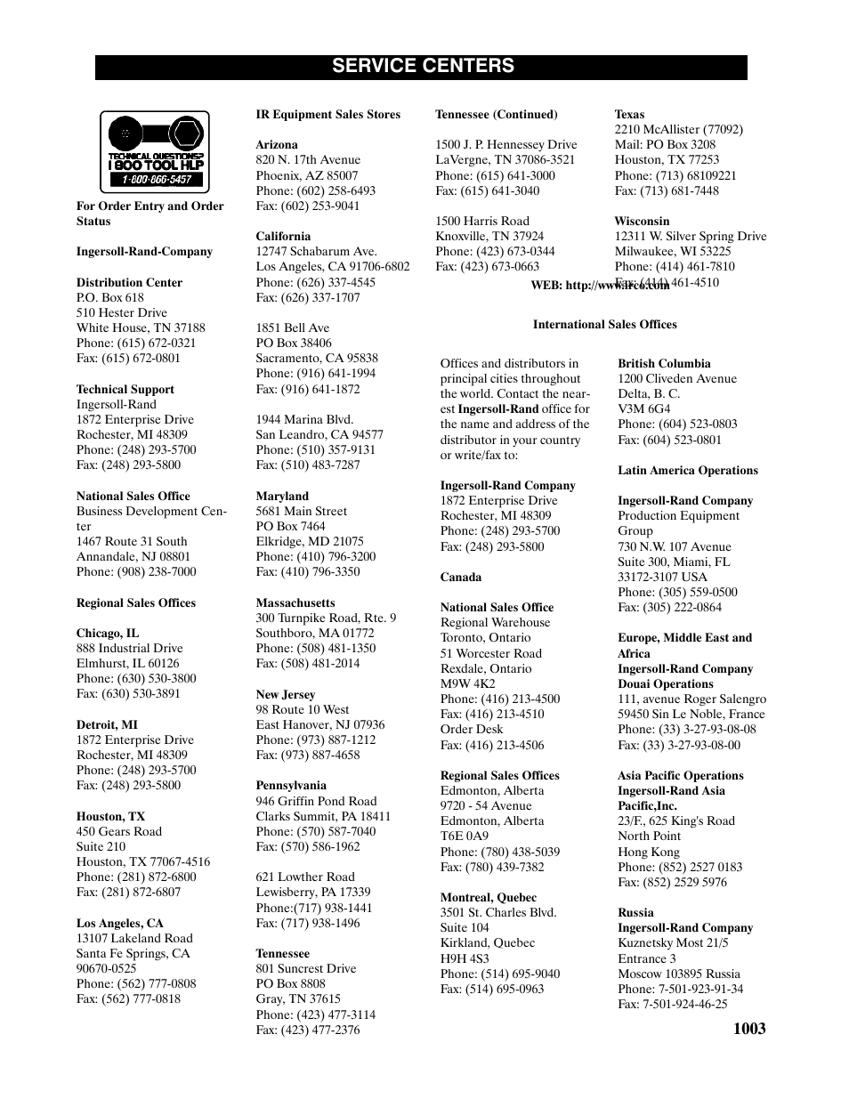 Web: http://www.irco.com, International sales offices, Service centers | Ingersoll-Rand LEVER IN-LINE AIR SCREWDRIVER QS1T User Manual | Page 40 / 40