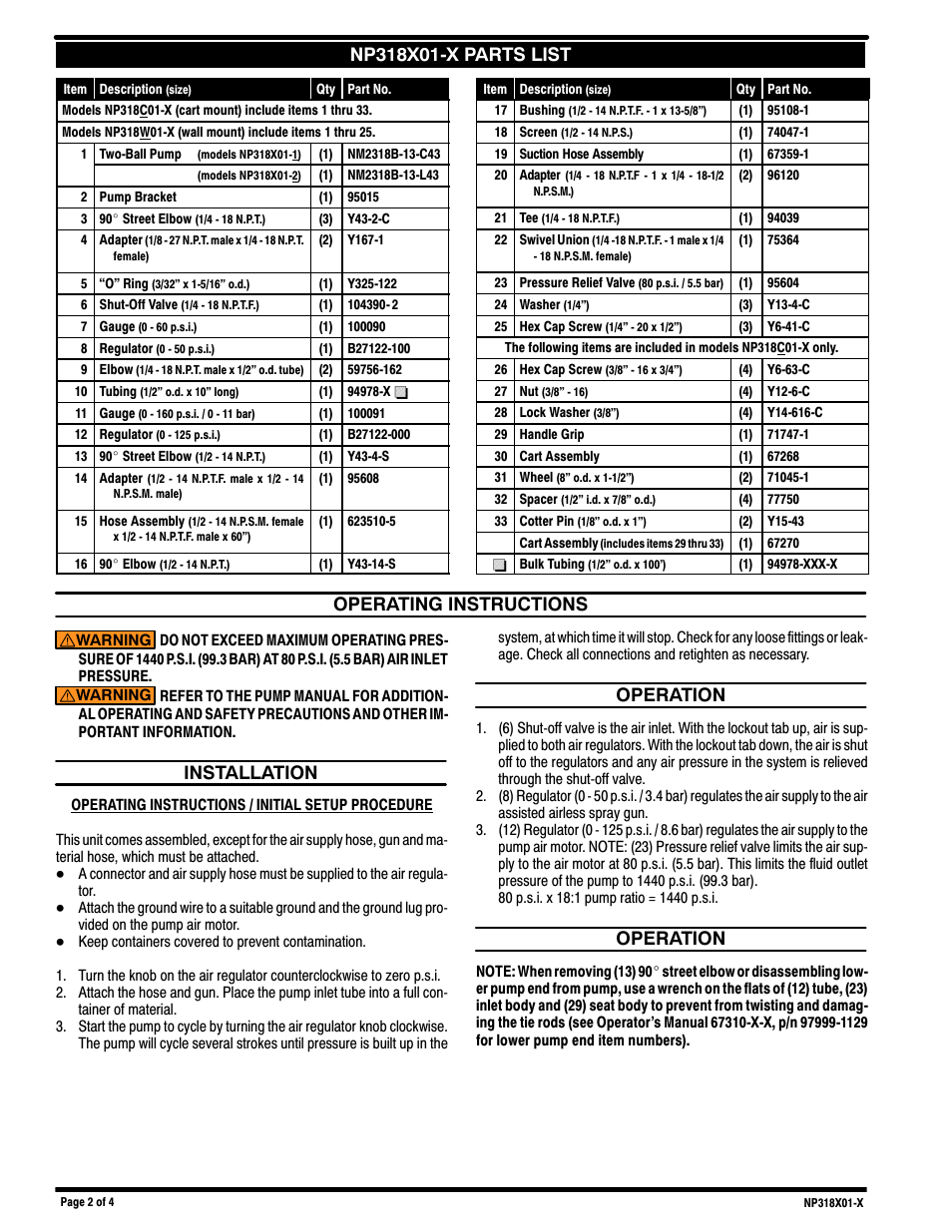 Operating instructions, Installation, Operation | Ingersoll-Rand NP318W01-X User Manual | Page 2 / 4