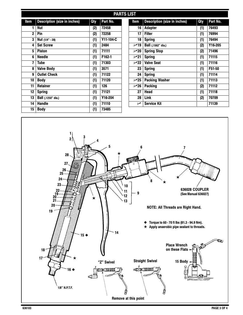 Parts list | Ingersoll-Rand DU-ALL CONTROL HANDLE 636103 User Manual | Page 3 / 4