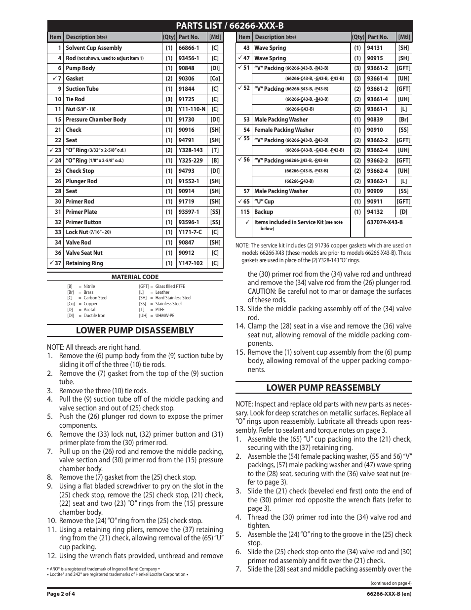 Lower pump disassembly, Lower pump reassembly | Ingersoll-Rand 66266-XXX-B User Manual | Page 2 / 4