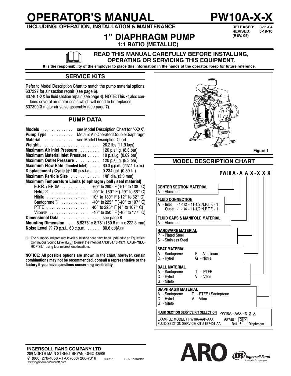 Ingersoll-Rand 1" DIAPHRAGM PUMP PW10A-X-X User Manual | 8 pages