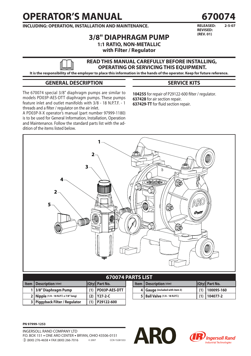 Ingersoll-Rand ARO 670074 User Manual | 1 page