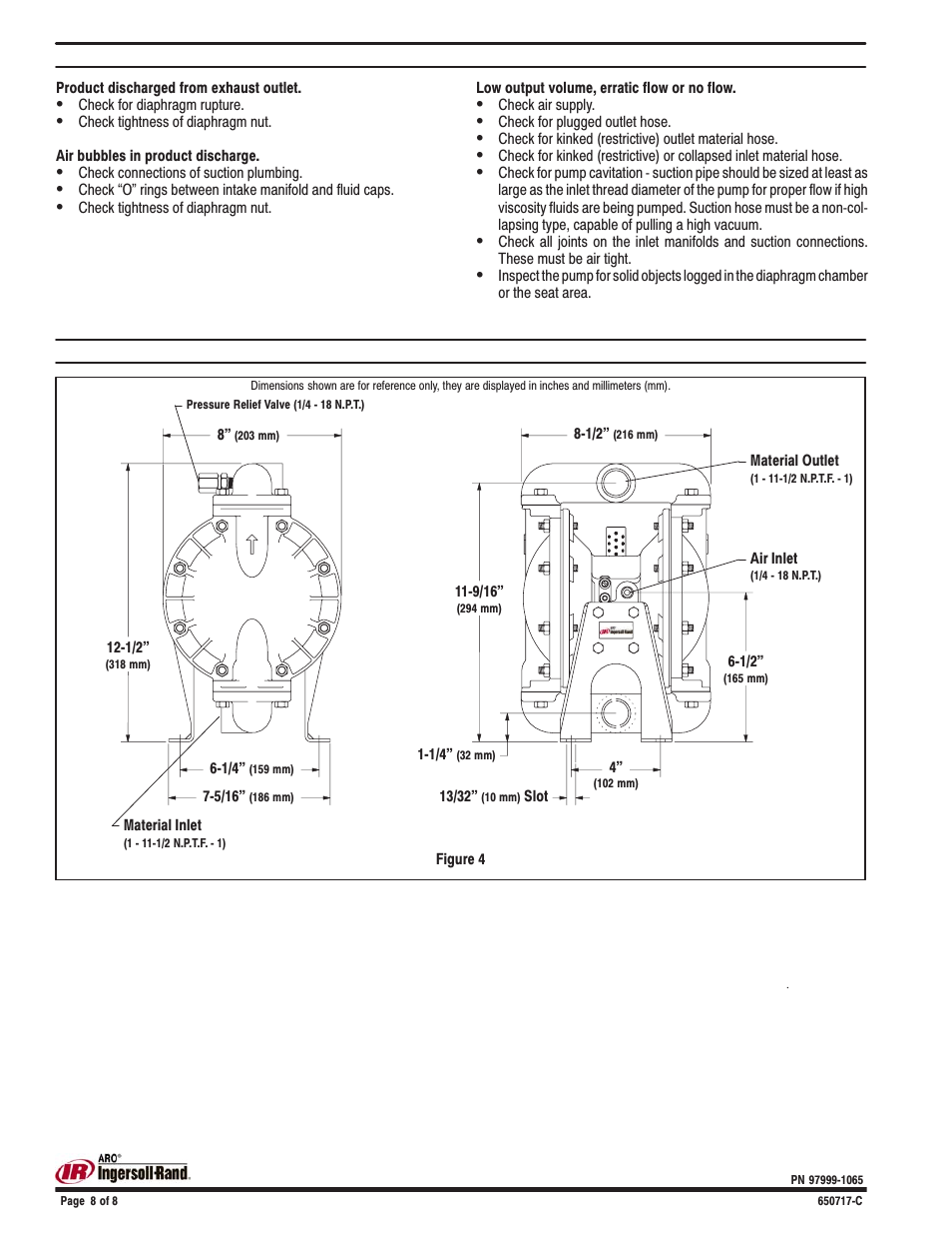 Trouble shooting, Dimensional data | Ingersoll-Rand 650717-C User Manual | Page 8 / 8