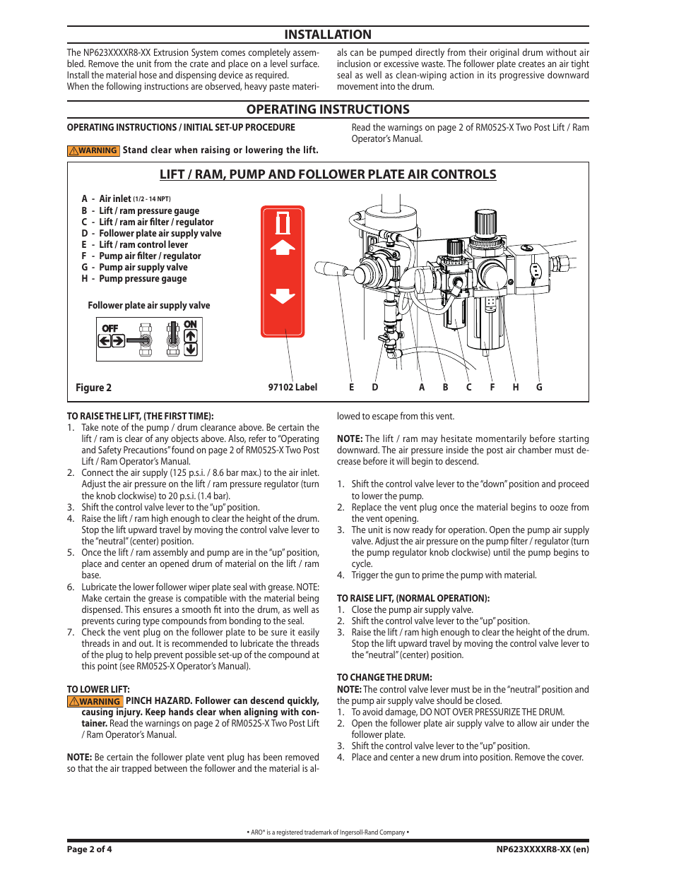 Installation, Operating instructions, Lift / ram, pump and follower plate air controls | Ingersoll-Rand EXTRUSION PUMP NP623XXXXR8-XX User Manual | Page 2 / 4