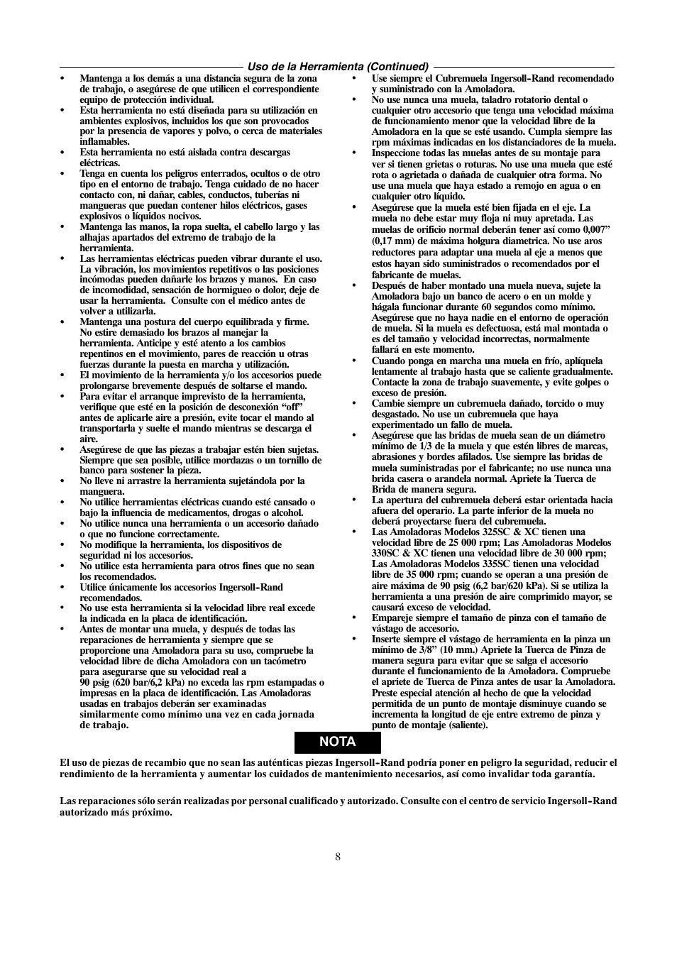 Nota | Ingersoll-Rand 4578217 User Manual | Page 8 / 20