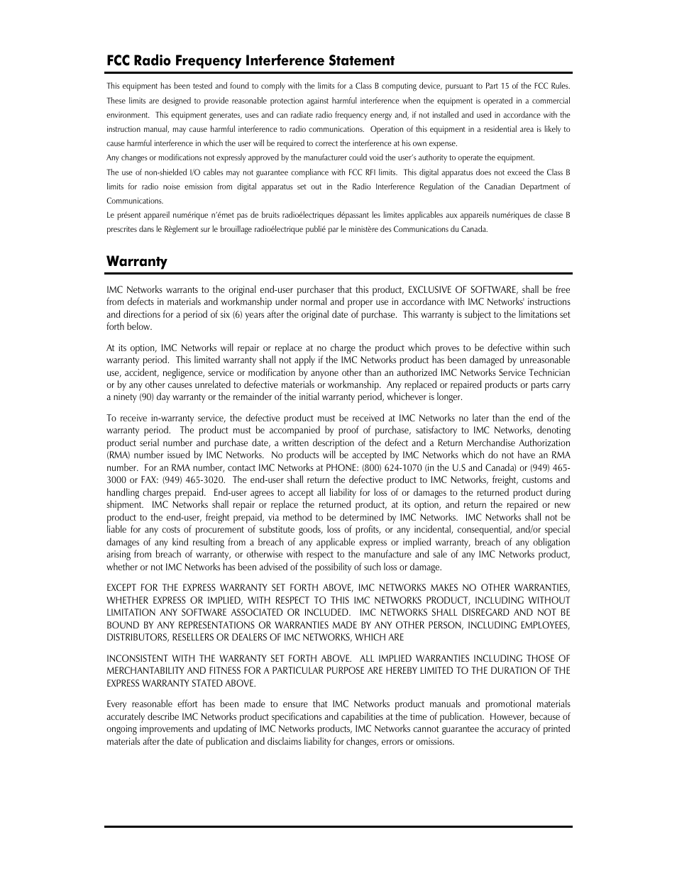 Fcc radio frequency interference statement, Warranty | IMC Networks 20 User Manual | Page 2 / 28