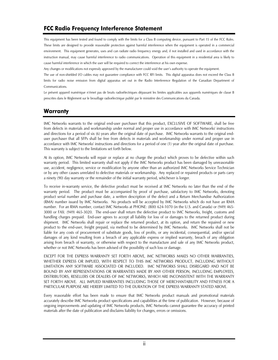 Ii fcc radio frequency interference statement, Warranty | IMC Networks IE–ModeConverter User Manual | Page 2 / 12