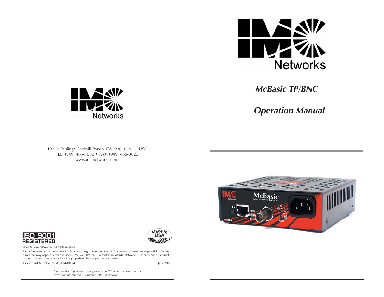 Mcbasic tp/bnc operation manual | IMC Networks TP User Manual | Page 12 / 12