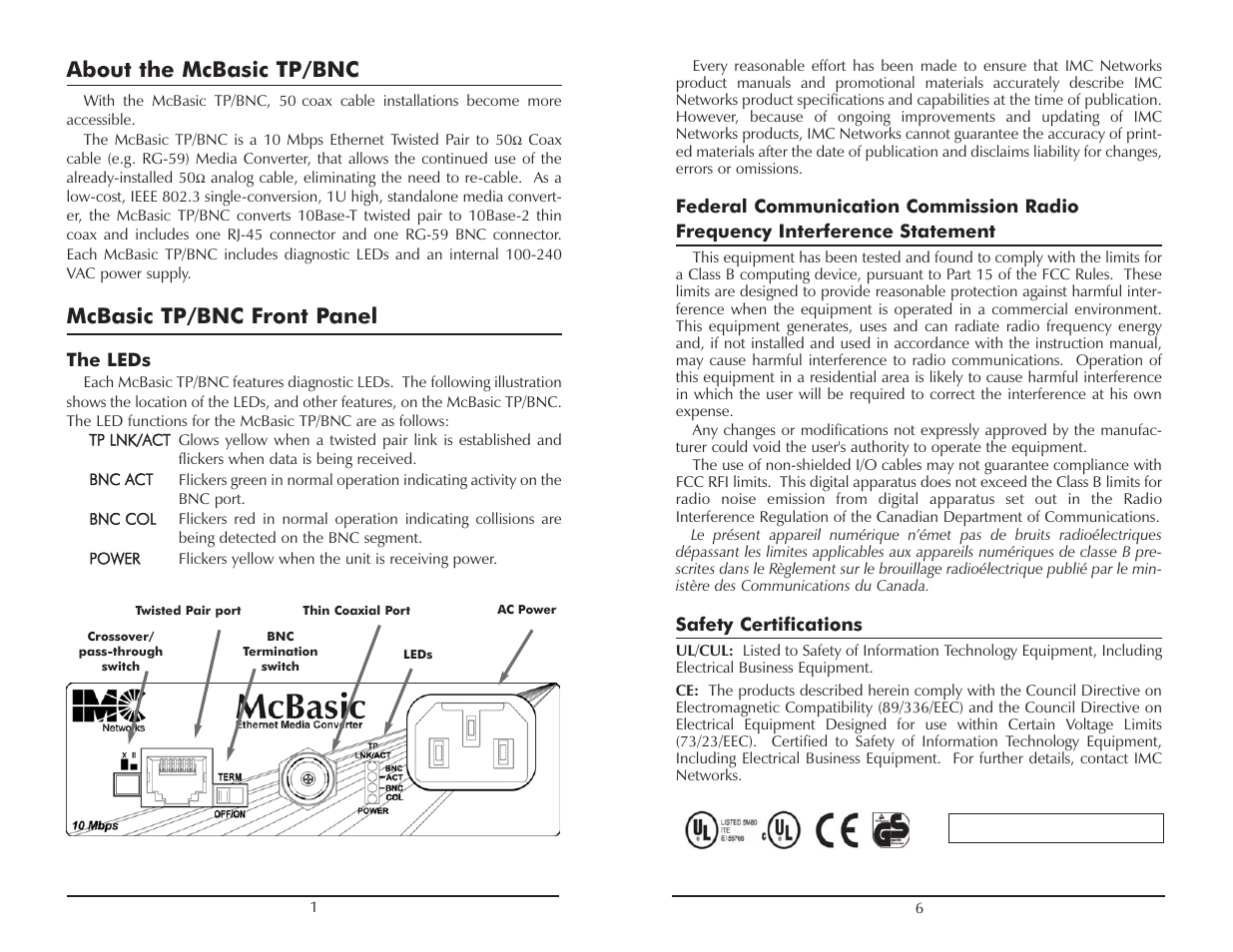 About the mcbasic tp/bnc, Mcbasic tp/bnc front panel | IMC Networks TP User Manual | Page 4 / 12